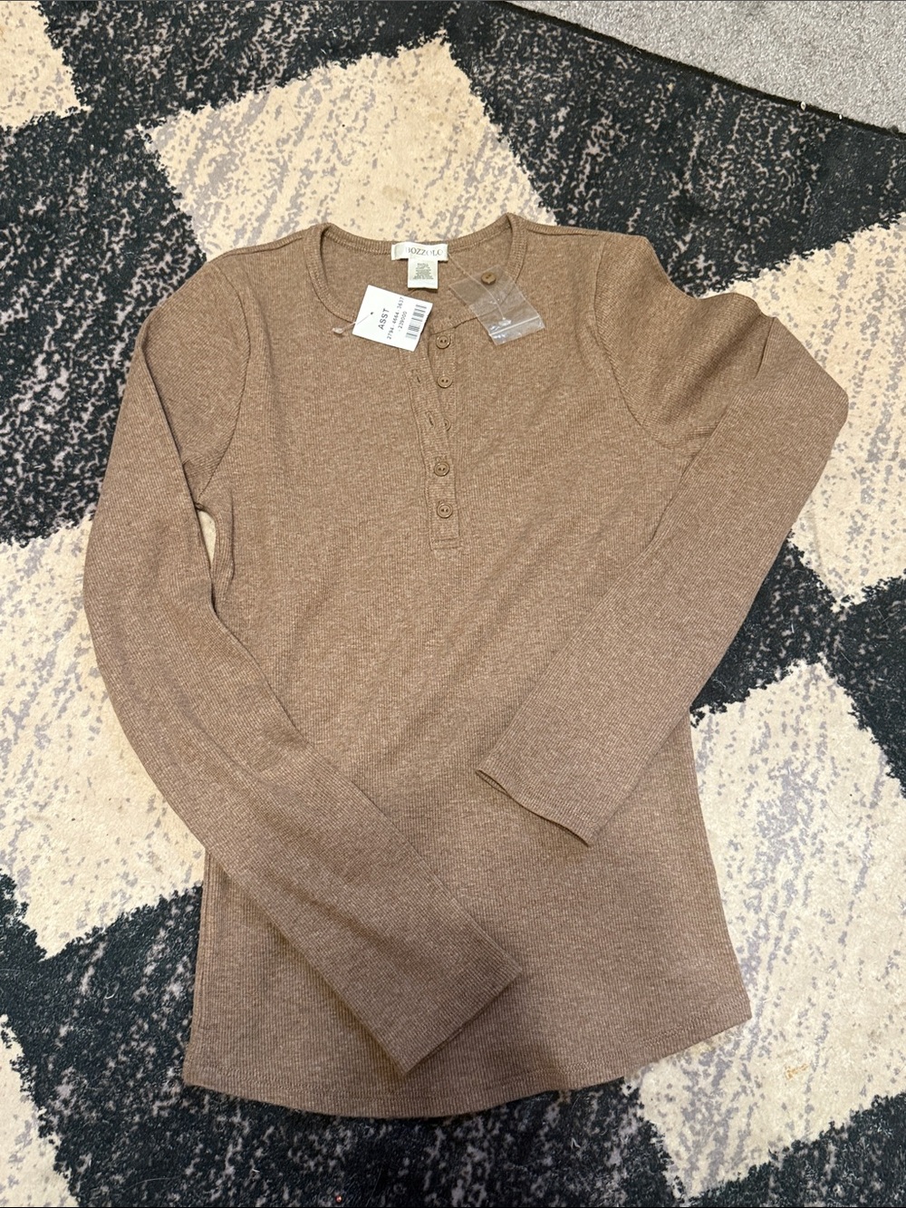 Bozzolo Brown Ribbed Henley Long Sleeve Top